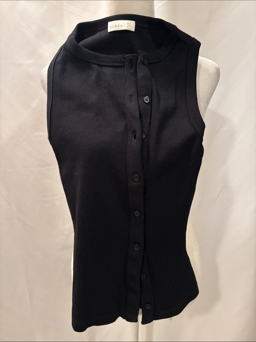 Kookai Black Ribbed Sleeveless Button-Up Top